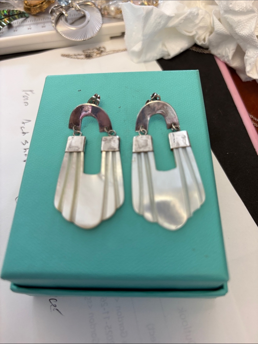 Sterling Silver Mother-of-Pearl Art Deco Drop Earrings - 1980s